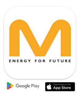 Ein Logo mit dem Buchstaben M in Orange und Schaltflächen zum Herunterladen auf iOS und Android