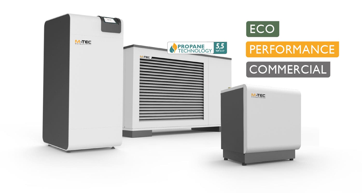 Drei Wärmepumpen von M-TEC in weiß-dunkelgrauem Design mit Propan-Technologie